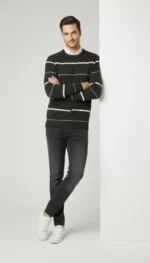 Erkek Bisiklet Yaka Cizgili Triko Kazak Yumuşak Dokulu Pamuklu Ince Dokuma, Uzun Kollu Rahat Regular Kalıp - Füme - Görsel 3