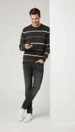 Erkek Bisiklet Yaka Cizgili Triko Kazak Yumuşak Dokulu Pamuklu Ince Dokuma, Uzun Kollu Rahat Regular Kalıp - Füme - Görsel 4