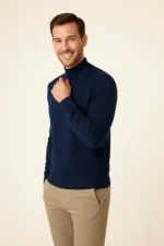 Erkek Yarım Boğaz Triko Kazak Yumuşak Dokulu Pamuklu Ince Dokuma, Uzun Kollu Rahat Regular Kalıp - Lacivert - Görsel 2