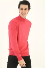 Erkek Yarım Boğaz Triko Kazak Yumuşak Dokulu Pamuklu Ince Dokuma, Uzun Kollu Rahat Regular Kalıp - Pembe