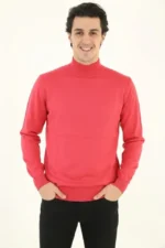 Erkek Yarım Boğaz Triko Kazak Yumuşak Dokulu Pamuklu Ince Dokuma, Uzun Kollu Rahat Regular Kalıp - Pembe - Görsel 2