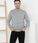 Erkek Yarım Boğaz Triko Kazak Yumuşak Dokulu Pamuklu Ince Dokuma, Uzun Kollu Rahat Regular Kalıp - Gri - Görsel 2