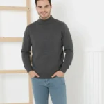 Erkek Yarım Boğaz Triko Kazak Yumuşak Dokulu Pamuklu Ince Dokuma, Uzun Kollu Rahat Regular Kalıp - Füme