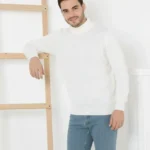 Erkek Yarım Boğaz Triko Kazak Yumuşak Dokulu Pamuklu Ince Dokuma, Uzun Kollu Rahat Regular Kalıp - Beyaz