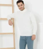 Erkek Yarım Boğaz Triko Kazak Yumuşak Dokulu Pamuklu Ince Dokuma, Uzun Kollu Rahat Regular Kalıp - Beyaz