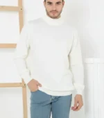 Erkek Yarım Boğaz Triko Kazak Yumuşak Dokulu Pamuklu Ince Dokuma, Uzun Kollu Rahat Regular Kalıp - Beyaz - Görsel 2