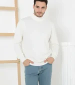 Erkek Yarım Boğaz Triko Kazak Yumuşak Dokulu Pamuklu Ince Dokuma, Uzun Kollu Rahat Regular Kalıp - Beyaz - Görsel 3