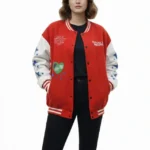 Kırmızı Varsity Çıtçıtlı Baskılı Oversize Kalıp Kolej Ceket - Kırmızı