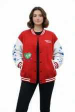 Kırmızı Varsity Çıtçıtlı Baskılı Oversize Kalıp Kolej Ceket - Kırmızı - Görsel 4