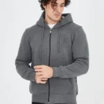 Erkek Kapüşonlu Düz Fermuarlı Hırka - Füme