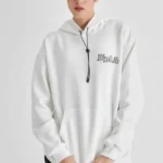 Kapüşonlu Sırt Baskılı Üç İplik Oversize Sweatshirt - Beyaz