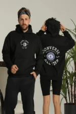 Erkek Sırt Baskılı Oversize Üç İplik Kapüşonlu Hoodie Sweatshirt - Siyah - Görsel 3