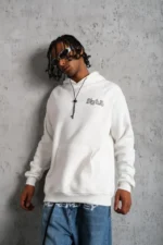 Erkek Kol Ve Etek Ribana Baskılı Kapüşonlu Sweat - Beyaz - Görsel 2