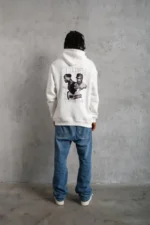 Erkek Kol Ve Etek Ribana Baskılı Kapüşonlu Sweat - Beyaz - Görsel 3