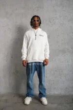 Erkek Kol Ve Etek Ribana Baskılı Kapüşonlu Sweat - Beyaz - Görsel 4