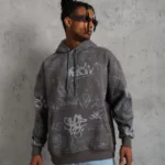 Erkek Baskılı Kapüşonlu Ribanalı Sweat - Gri