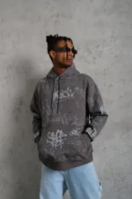 Erkek Baskılı Kapüşonlu Ribanalı Sweat - Gri - Görsel 2