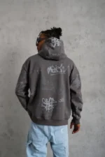 Erkek Baskılı Kapüşonlu Ribanalı Sweat - Gri - Görsel 3