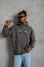 Erkek Baskılı Kapüşonlu Ve Kordon İpli Sweat - Gri - Görsel 2