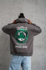 Erkek Baskılı Kapüşonlu Ve Kordon İpli Sweat - Gri - Görsel 3