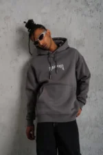 Erkek Baskılı Kapüşonlu Ve Kanguru Cepli Sweat- Gri - Görsel 2