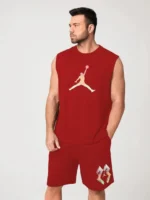 Erkek Sırt Baskılı Sıfır Kol İkili Şort Takım - Kırmızı - Görsel 2