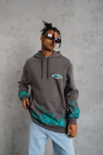 Erkek Üç İplik İçi Pamuklu Alev Baskılı Kapüşonlu Sweatshirt - Gri - Görsel 2