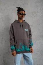 Erkek Üç İplik İçi Pamuklu Alev Baskılı Kapüşonlu Sweatshirt - Gri - Görsel 4