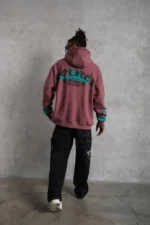 Erkek Üç İplik Içi Pamuklu Alev Baskılı Kapüşonlu Sweatshirt - Gül Kurusu - Görsel 2