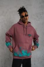 Erkek Üç İplik Içi Pamuklu Alev Baskılı Kapüşonlu Sweatshirt - Gül Kurusu - Görsel 3