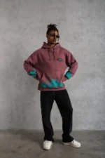 Erkek Üç İplik Içi Pamuklu Alev Baskılı Kapüşonlu Sweatshirt - Gül Kurusu - Görsel 4