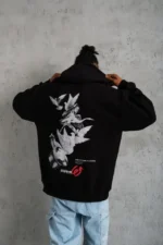Erkek Şapkalı Güvercin Baskılı Kapşonlu Sweat - Siyah - Görsel 4