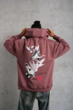 Erkek Şapkalı Güvercin Baskılı Kapşonlu Sweat - Gül Kurusu - Görsel 3