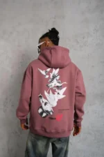 Erkek Şapkalı Güvercin Baskılı Kapşonlu Sweat - Gül Kurusu - Görsel 4