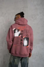 Erkek Ön Arka Baskılı Kapşonlu Sweat - Gül Kurusu - Görsel 2