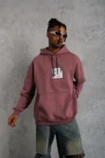 Erkek Ön Arka Baskılı Kapşonlu Sweat - Gül Kurusu - Görsel 3