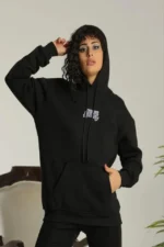 Baskılı Oversize Üç İplik Kapüşonlu Sweatshirt - Siyah - Görsel 2