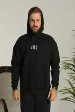 Erkek Baskılı Oversize Üç İplik Kapüşonlu Sweatshirt - Siyah - Görsel 2