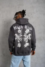 Erkek Baskılı Kapşonlu Sweat - Füme - Görsel 2