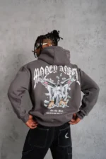 Erkek Kordon İpli Baskılı Kapüşonlu Sweatshirt - Füme - Görsel 2