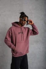 Erkek Kordon İpli Baskılı Kapüşonlu Sweatshirt - Gül Kurusu - Görsel 2