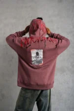 Erkek Ön Ve Arka Baskılı Kapüşonlu 3 İplik Sweatshirt - Gül Kurusu - Görsel 2