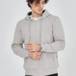 Erkek Kapüşonlu Düz Fermuarlı Hırka - Boyalı Gri