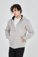 Erkek Kapüşonlu Düz Fermuarlı Hırka - Boyalı Gri - Görsel 3