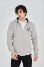 Erkek Kapüşonlu Baskılı Fermuarlı Hırka - Boyalı Gri - Görsel 4