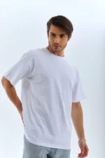 Unisex Oversize Düz Bisiklet Yaka T-Shirt - Beyaz - Görsel 4