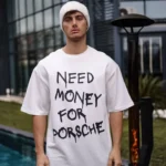 Unisex Bisiklet Yaka Baskılı Oversize T-Shirt - Beyaz