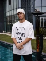 Unisex Bisiklet Yaka Baskılı Oversize T-Shirt - Beyaz - Görsel 2