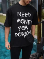 Unisex Bisiklet Yaka Baskılı Oversize T-Shirt - Siyah - Görsel 2