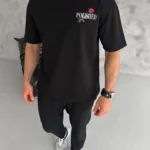 Unisex Bisiklet Yaka Baskılı Oversize T-Shirt - Siyah